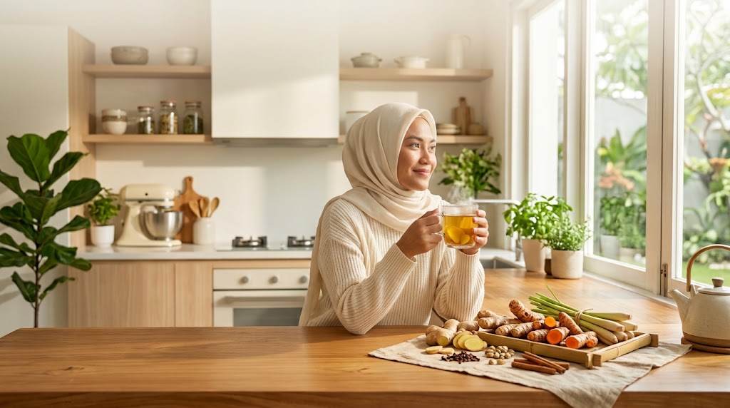 Minuman rempah dari jahe kunyit lengkuas dan sereh sebagai minuman herbal praktis