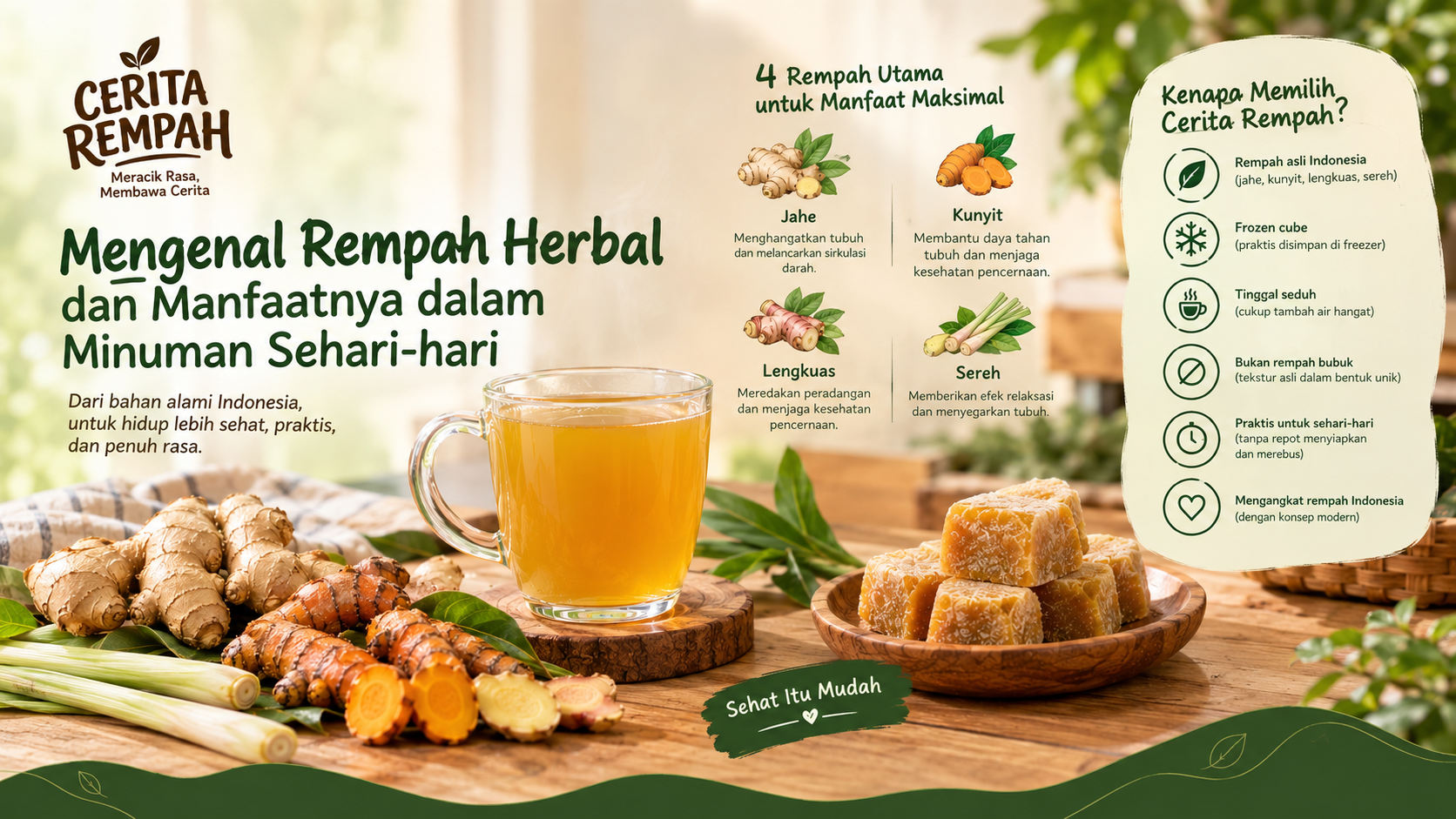 Rempah herbal jahe kunyit lengkuas dan sereh dalam minuman Cerita Rempah